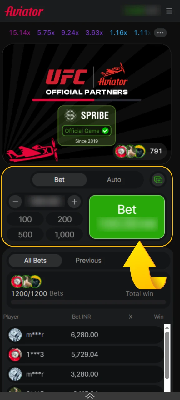 At the bottom of the screen, find the betting panel and make a bet.