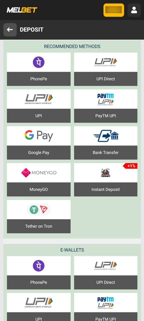 Choose a convenient payment method for your deposit.
