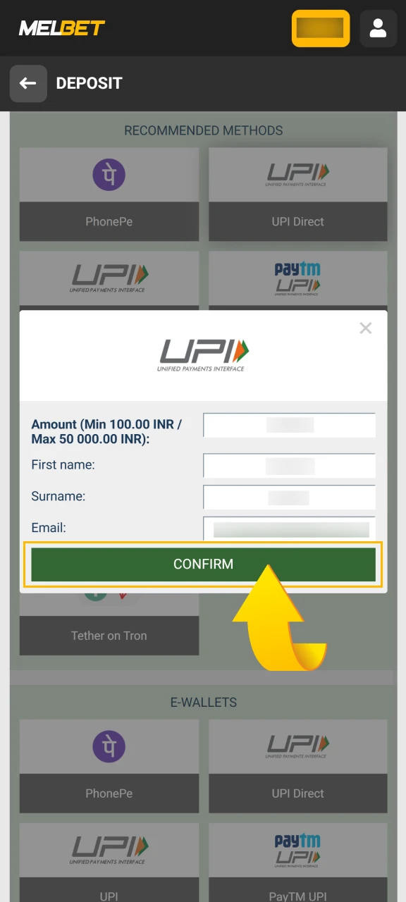 Complete your payment with a banking or wallet app to instantly access funds for betting and casino games.
