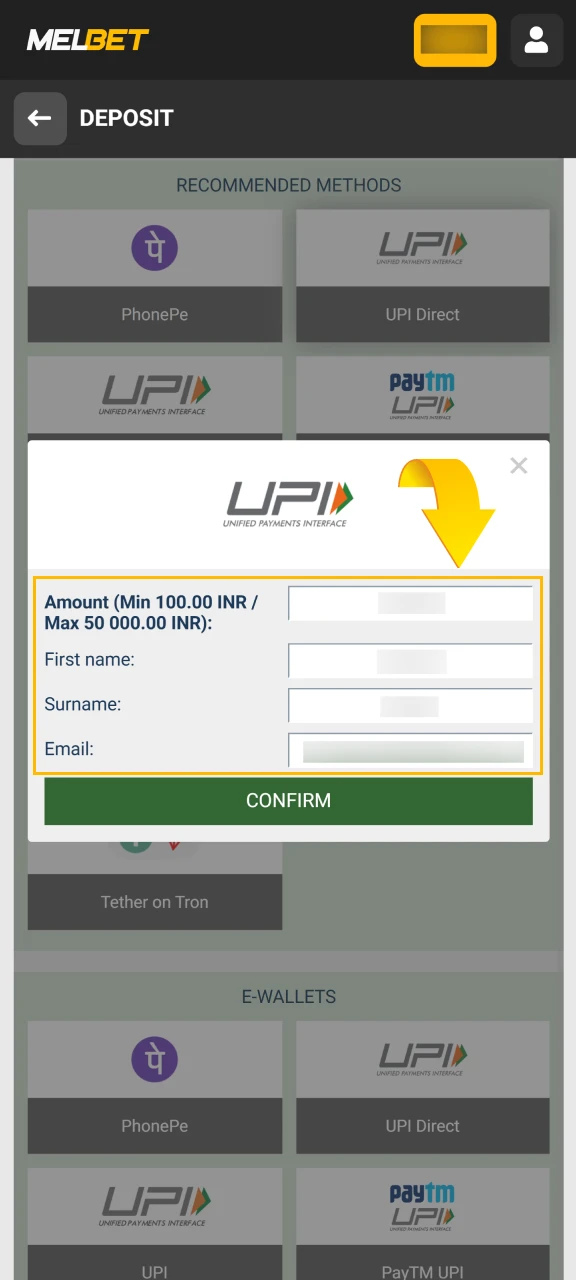 Indicate the deposit amount, keeping in mind the minimum required for your selected method.