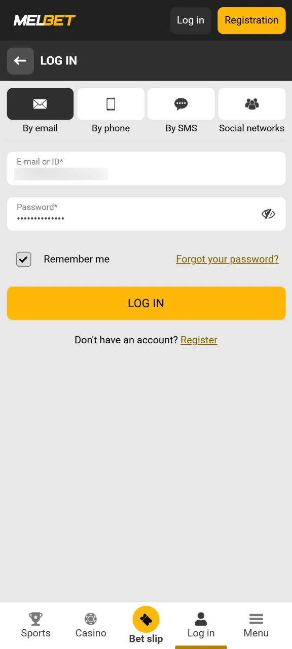 Sign in on the Melbet website or app with your account information.