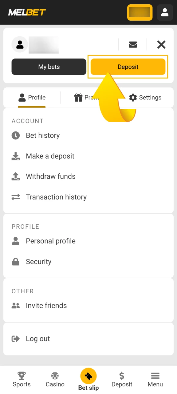 Access the Deposit section within your personal Melbet account.