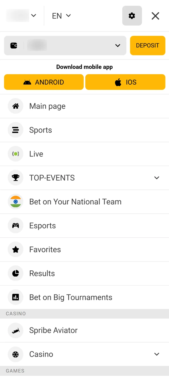 The main menu of the official Melbet website.