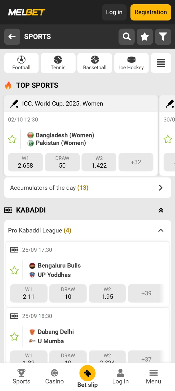 The sports section on Melbet Sri Lanka features various tournaments.