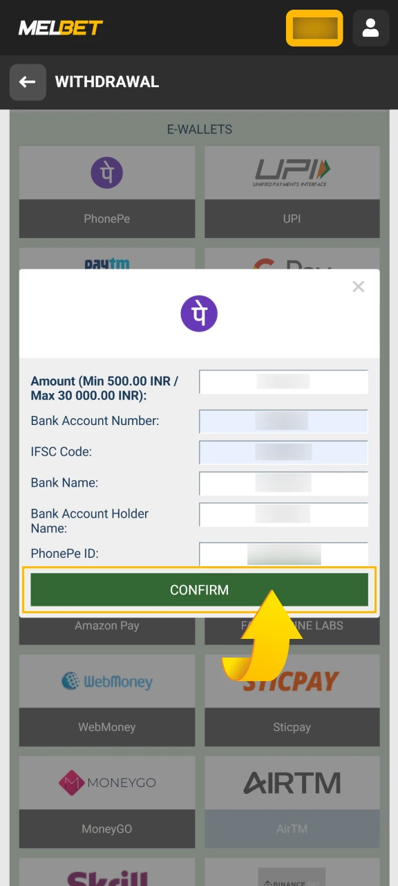 Confirm the transaction and receive funds instantly or within 1 hour for e-wallets and crypto, up to 3 days for cards.
