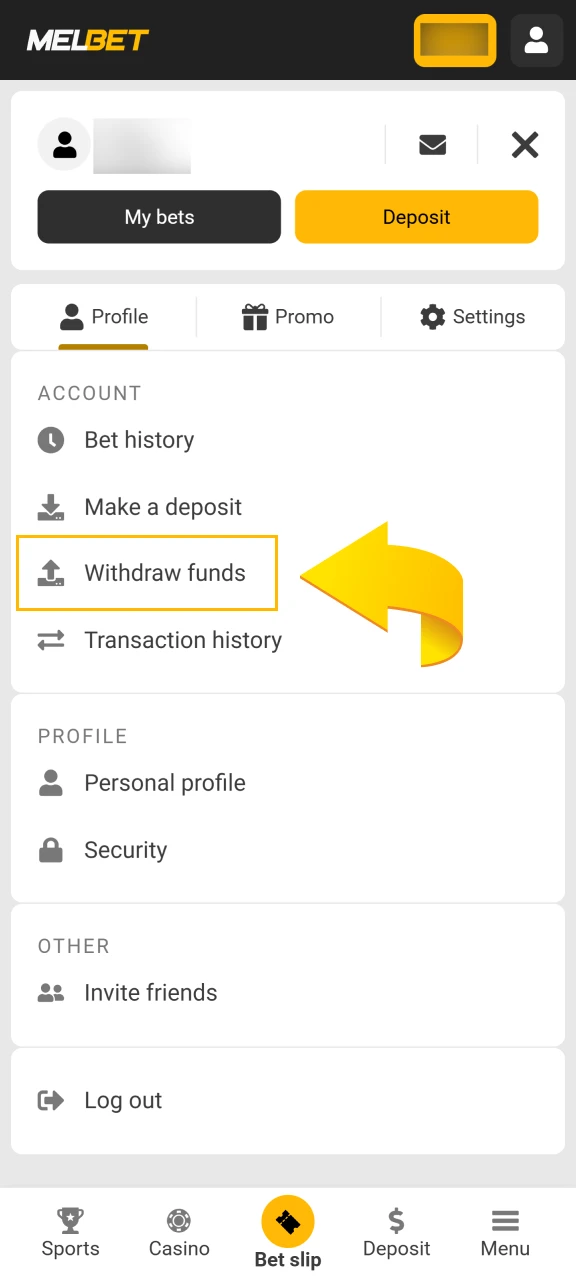 Access the Withdrawal section within the cashier area of your account.